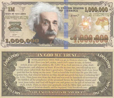 Lot Of 25 Einstein Million Dollar Bill Play Funny Money Gospel Tract Notes • $8.05