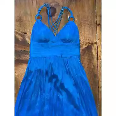 Womens Aidan Mattox Blue Sparkly Spaghetti Strap Long Maxi Gown Dress 6 • $75.05