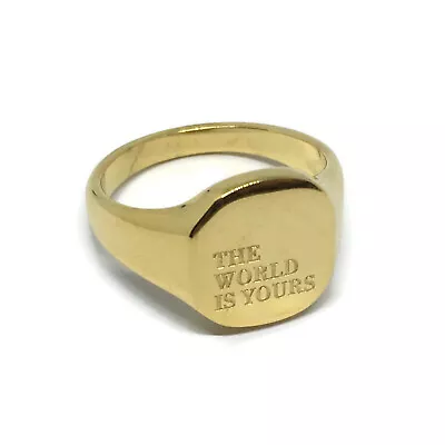 World Is Yours Signet Ring  Gold Stainless Steel Motivational Scarface Mens 18ct • £8.99