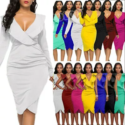 $35.79 • Buy Women OL V-Neck Ruffle Midi Dress Party Office Wrap V Neck Bodycon Pencil Dress