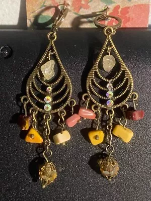 Mookaite & Quartz Earrings 2.75  Long NEW  Handmade Boho Huggie Style Pretty • $6.25