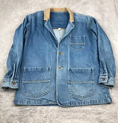 Vintage Lee Chore Coat Mens L Blue Denim Button Up Corduroy Collar Jacket • $54.88