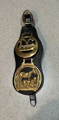 Two Antique/Vintage Horse Brasses On Leather Martingale. Cast Brass. • $30