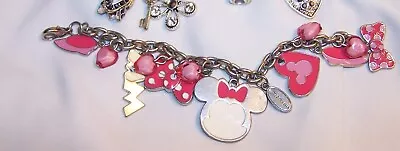 Disney Minnie Mouse Charm Bracelet-Glass Enamel-Silver Tone Pink-Signed Disney • $16.55