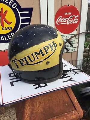 Vtg TRIUMPH HAND STITCHED LEATHER EDGE ROLL SCTA TROG BONNEVILLE CHOPPER HELMET • $699