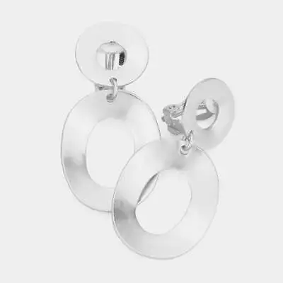 Clip On 2  Matte Silver Bent Round And Oval Dangle Earrings • $14.94