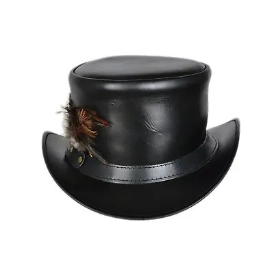 Steampunk Hat El Dorado Top Hat With Simple Band & Feathers Black Leather Hat • $100.60