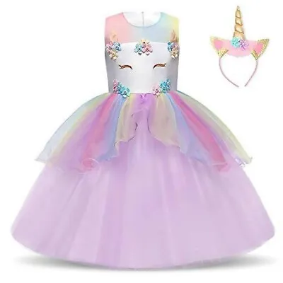 Girls Unicorn Dress Party Costume Birthday Outfit W/ Rainbow Headband Kids 8-9yr • £13.99