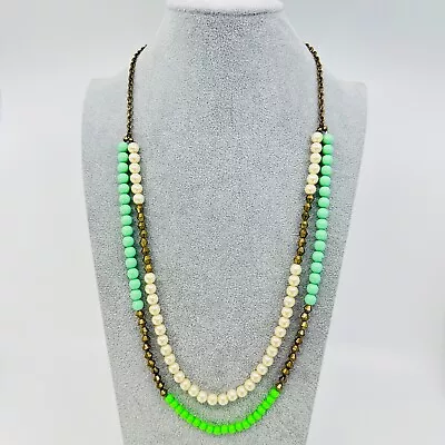 J. Crew Necklace Beaded Layered Neon Green White Gold Tone Minimalist Jewelry • $24.95