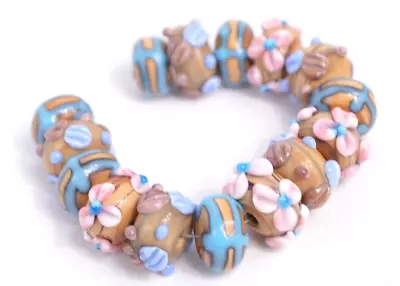 New 15 Pc Set Fine Murano Lampwork Glass Beads - 12mm Flowers & Dots - A7125c • $4.99