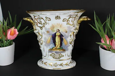 Antique French Vieux Paris Porcelain Religious Hand Paint Madonna Angels Vase • $280