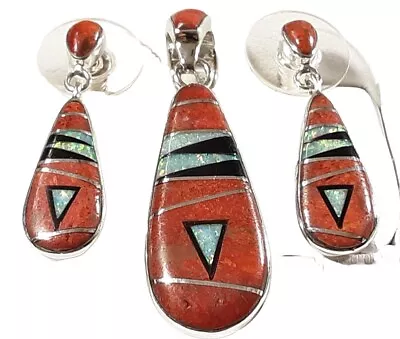 925 STERLING SEGMENTED CORAL ONYX LAB OPAL EARRINGS & PENDANT MATCHING SET 7.2g • $64.99