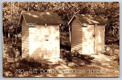 Vintage Postcard Humor Funny RPPC His And Hers Outhouse No Strikers Here ~9824 • $2.64