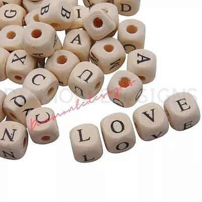 50 Pcs -  10mm Alphabet Wood  Colour Mixed Letter Cube Wooden Beads Craft Q51 • £2.95