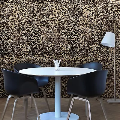 Wallpaper Brown Gold Metallic Textured Flocked Jaguar Leopard Animal Velvet 3D • $3.82