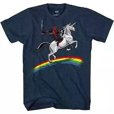 Marvel T-Shirt Men's 2XL Indigo Heather Deadpool Riding A Unicorn On A Rainbow • $15.99