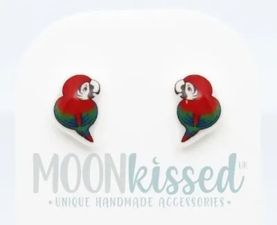 Cute Chubby Parrot Silver Plated Studded Earrings Scarlet Macaw Studs • $12.57