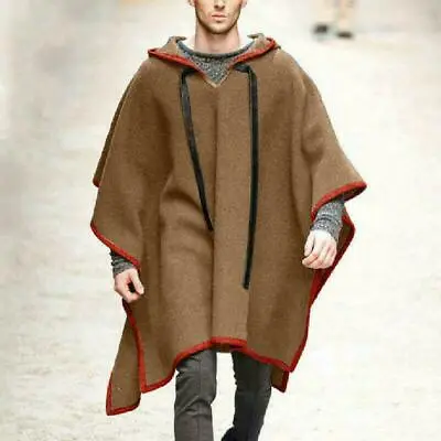 Mens Cape Coat Outwear Woolen Casual Cape Jacket Winter Warm Hoodies Poncho Tops • $39.07