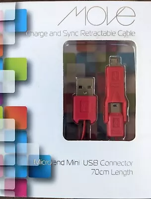 Move 2.3Ft Retractable Usb Combo Cable - Usb To Micro Usb And Mini Usb - Orange • $17.90