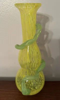 60s Murano Italy End Of Day Hand Blown Vase Yellow Squash With Green Vine. • $75