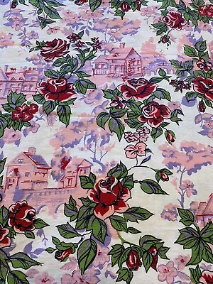 Vintage Cotton Fabric Red Roses Pink House Bridge 4 Yards 19”  • $22