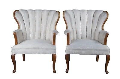 2 Vintage Queen Anne Mahogany Channel Back Upholstered Wingback Arm Chairs • $1520