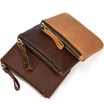 Handmade Cowhide Leather Vintage Zipper Wallet Men's Coin Purse Card Holder C • $9.99