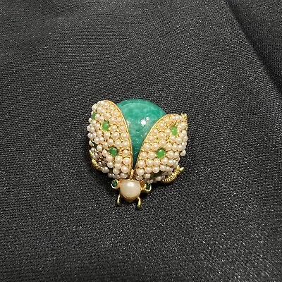 Vintage Hattie Carnegie Bug Beetle Ladybug Pin Brooch Gold Tone And Green Body • $114.95