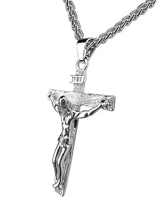 $7.55 • Buy Mens Silver Plated Steel Jesus Christ Crucifix Cross Pendant Necklace Chain Gift
