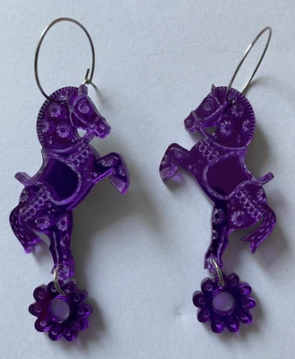 Purple Mirror Horse Etched Laser Cut Acrylic Earrings Handmade • $15