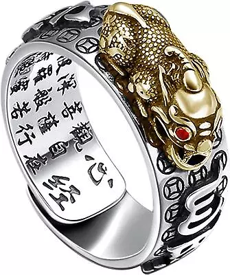 990 Silver Feng Shui Pixiu Adjustable Ring Mani Mantra Protection Wealth Ring Us • $43.49