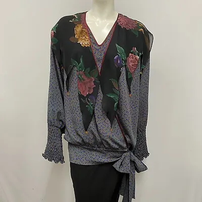 Maggie Shepherd Blouse Top Floral Very Cool Bead Detail Ties On Side Size M • $40.85