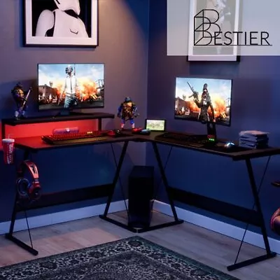 Black Corner L-Shaped Gaming Desk With Monitor Stand & Built-In LED Lights • $235