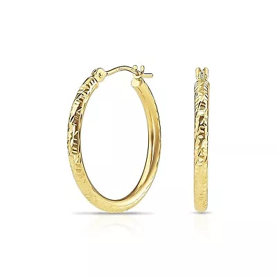 14K Real Solid Gold Hand Engraved Diamond-Cut Creole Hoops Earrings All Sizes • $109.99