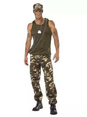 Mens Deluxe Khaki Camo Outfit & Hat Army Halloween Fancy Dress Party Costume • £29.39