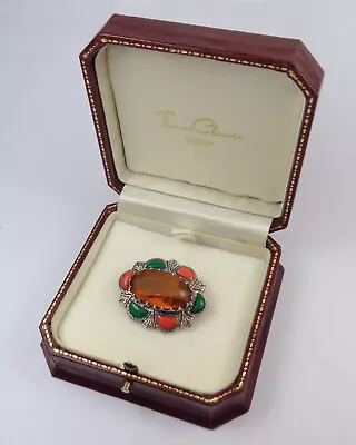 Victorian Style 925 Silver Malachite Carnelian Agate & Cairngorm Paste Brooch • £40