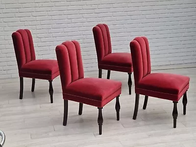 1950s Danish Design Set Of 4 Dinning Chairs Oak Wood Cherry-red Velour. • £699.05