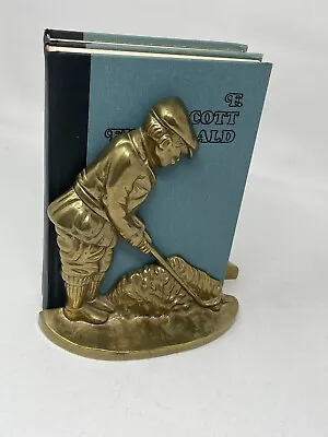 Vintage MCM Golfer Golf Putting Book Ends Heavy Brass 8  Club Ball Country • $24.20