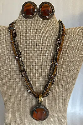 Vintage Maya Evangelista Amber & Glass Bead Statement Necklace & Earring SET • $29.99