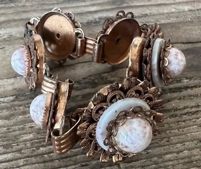 Vintage Antique Bracelet Copper Metal Flowers Mottled Beads 7 1/2  1950's • $23.19