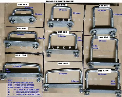 ROOF BOX SQUARE U BOLTS STEEL LARGE 90 X 120 X 10mm M10 4X4 VANS STEPS UBS-90C • £3.99