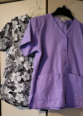 2 Scrub Tops Shirt Small Women Short Sleeve Landau Purple Black White Zebra • $16.20