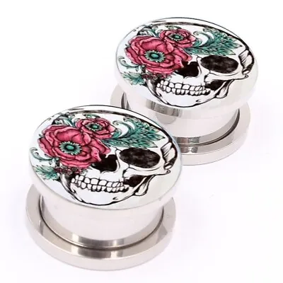 £4.95 • Buy Stainless Steel Rose & Skull Screw Fix Ear Tunnel Plug Stretcher Taper A775