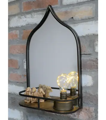 Chic Arched Wall Mounted Mirror & Shelf Bathroom Makeup Mirror Brown Metal Frame • £33.99