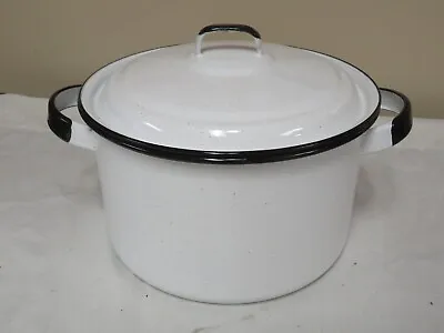 Vtg White With Black Trim Porcelain Cooking Pot With Lid • $4.99