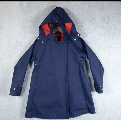 J Crew Trench Coat Womens XS Blue Red A-Line Swing Rain Removable Hood Jacket • $40