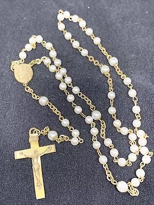 Rosary Mother Of Pearl Crucifix Faux Pearl Beads Catholic Jesus Mary Antique • $29.99