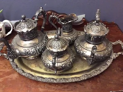 Antique Ornate Meridien Britannia Tea Coffee Set Quadruple Plate Repousse • $449