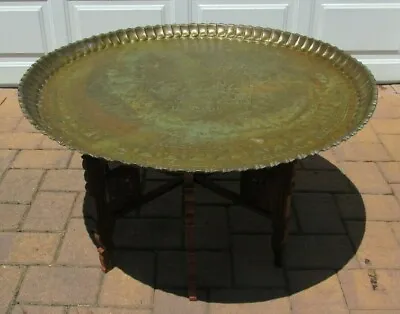 $750 • Buy Vintage Mid Century Round Brass Egyptian Motif Folding Platter Moroccan Table 