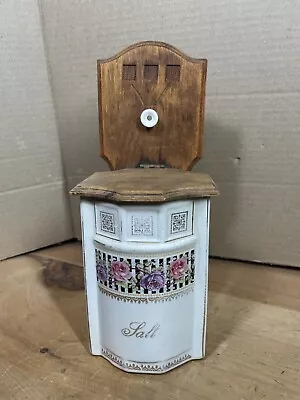 Vintage Salt Container Box Wall Hanging Germany 5480 V Porcelain & Wood • $39